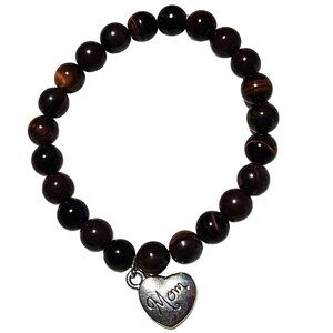 Natural Tiger Eye Bead Heart Mom Charm Stretch Bracelet Mothers Day Jewelry